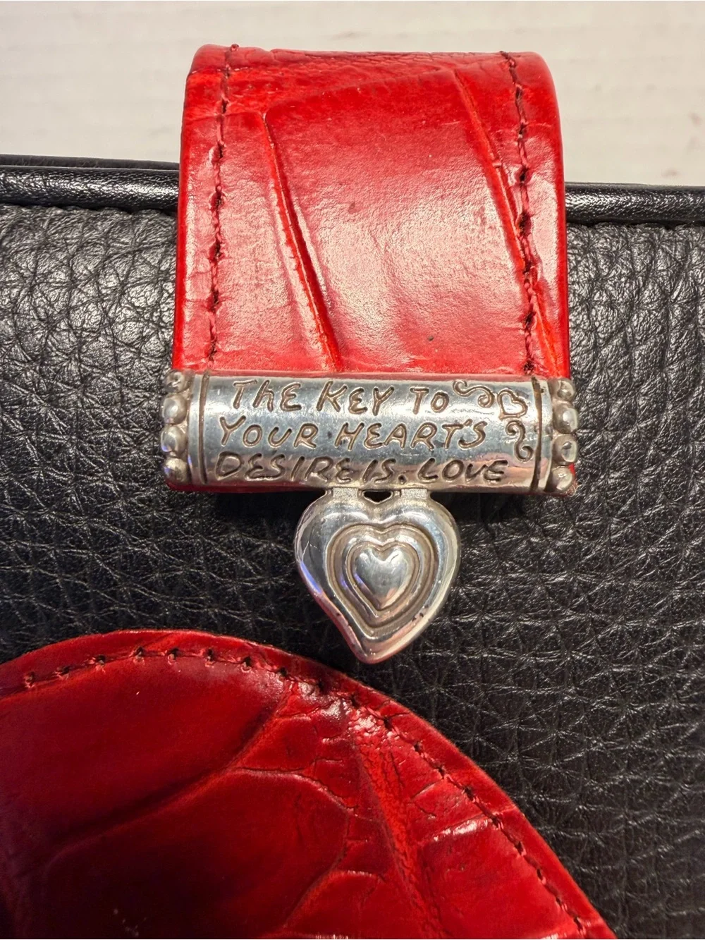Brighton Black Leather Photo Case Wallet with Red Croc Embossed Heart